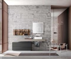 Salle de Bains Moderne avec Vasque rectangle et Éléments mural en métal mat et surfaces en bois