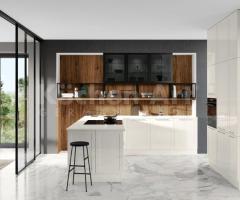 Cuisine Blanche Brillante avec Décor Noyer | Design Moderne en L avec Rangement Intelligentes